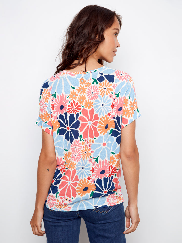 Retro Printed Linen V-Neck Top