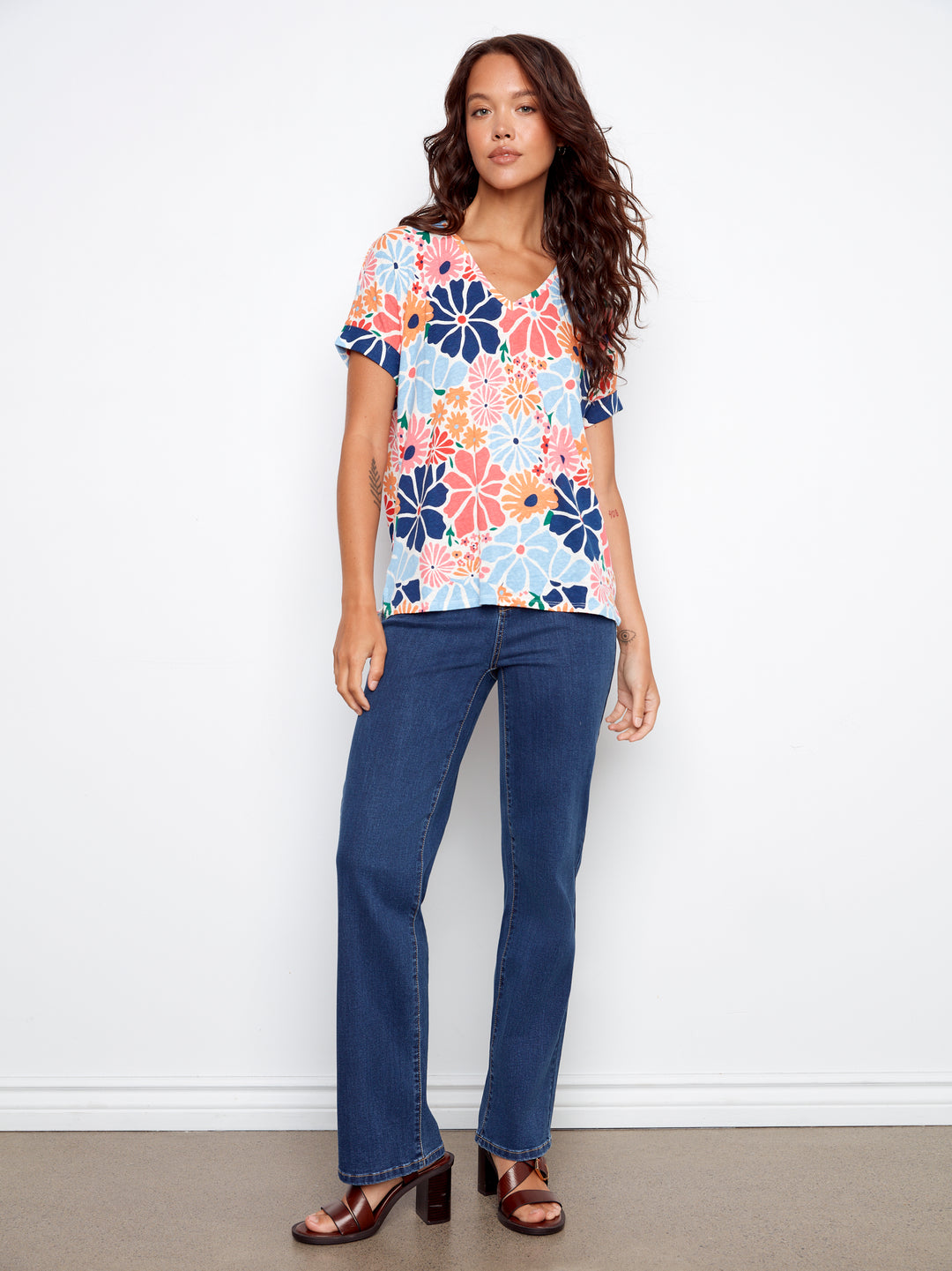 Retro Printed Linen V-Neck Top