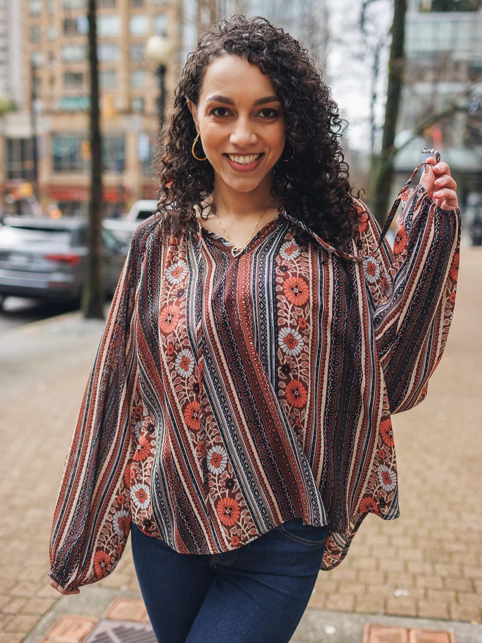 Retro Vibe Mixed Print Blouse