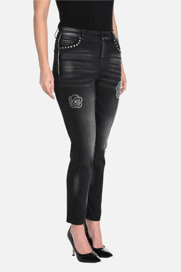 Rhinestone and Lace Embellished Charcoal Jean