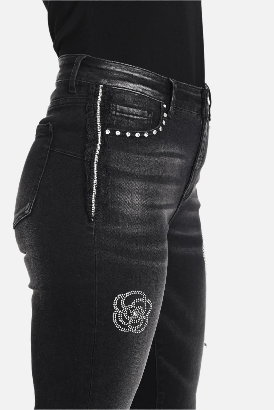 Rhinestone and Lace Embellished Charcoal Jean