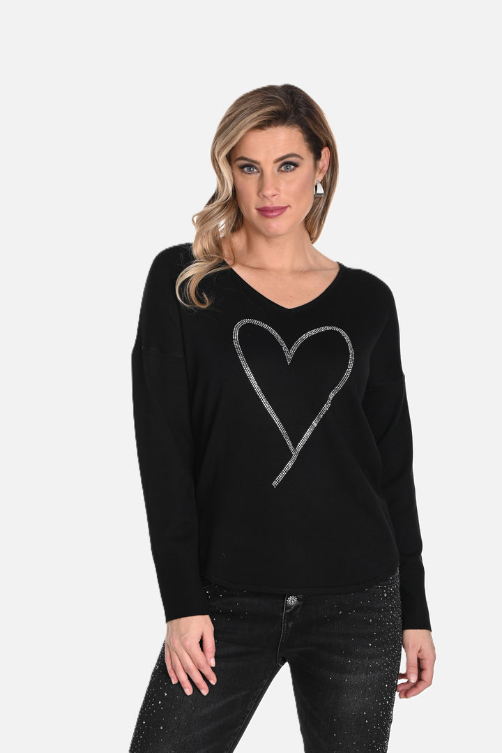 Rhinestone Heart Embellished Black Sweater