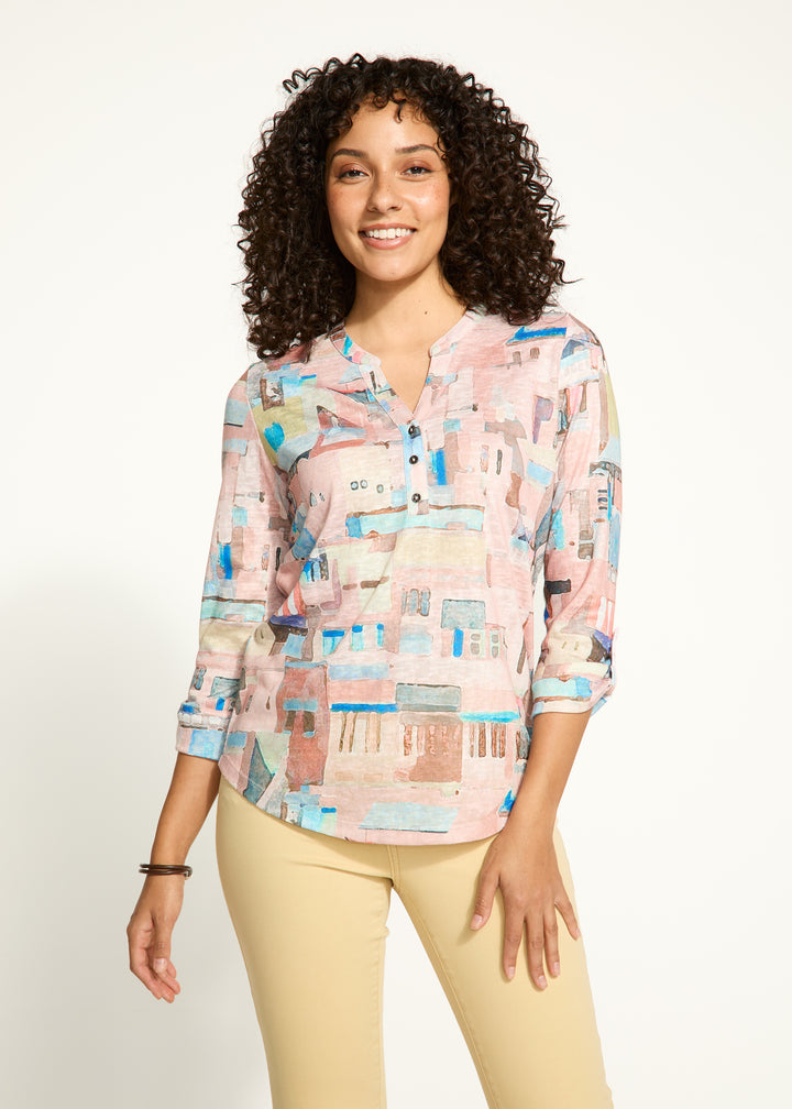 Riviera Print Tab Sleeve Henley Top