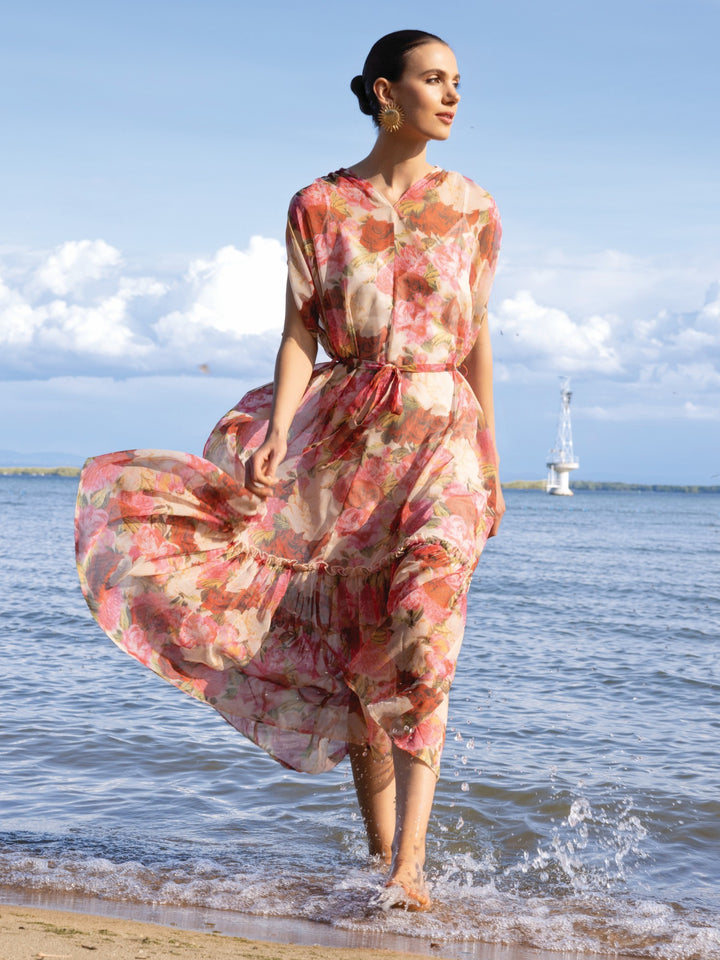 Romantic Floral Ruffle Hem Maxi Dress