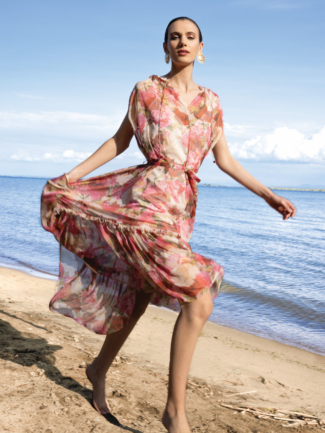 Romantic Floral Ruffle Hem Maxi Dress