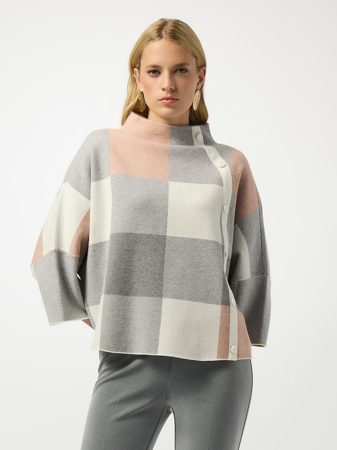 Rose Plaid Jacquard Side Button Sweater