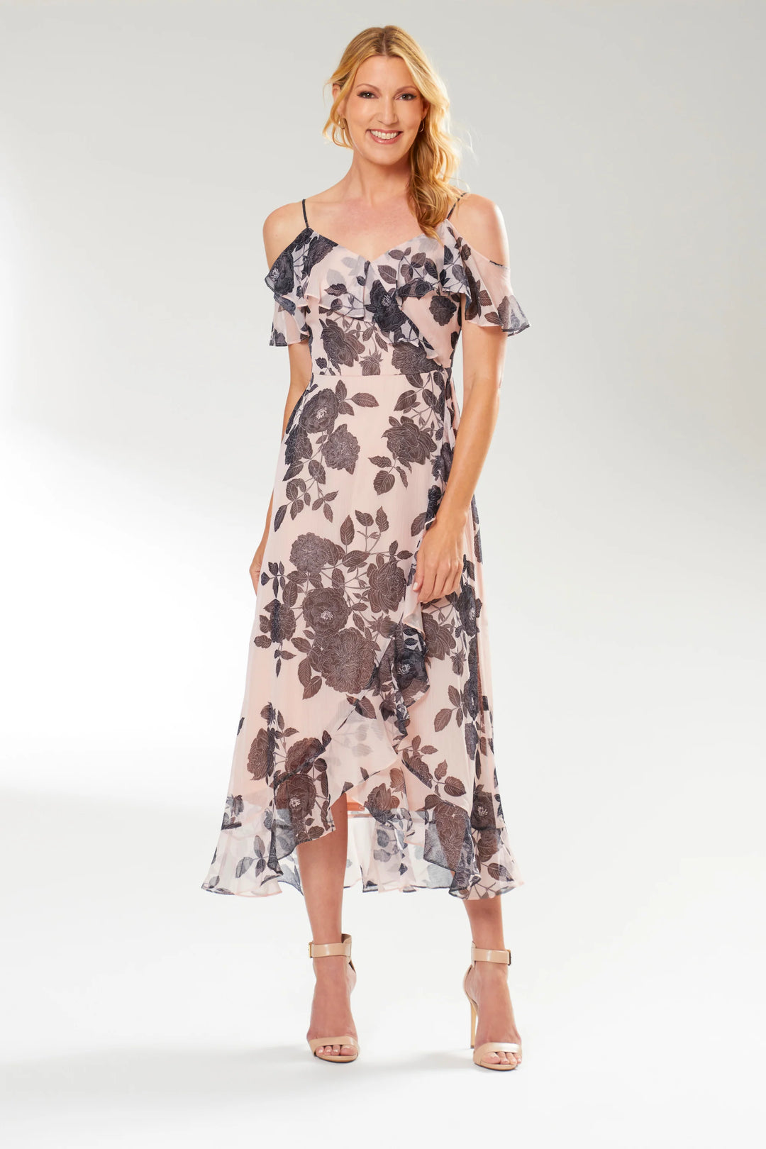 Ruffled Soft Floral Chiffon Dress Cathy Allan Ladieswear 0 Blush Black