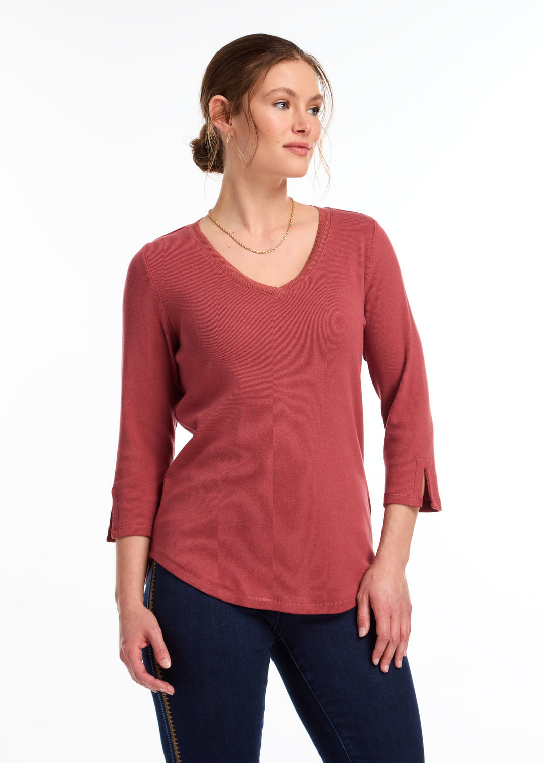 Rust Red Baby Rib V-Neck Top