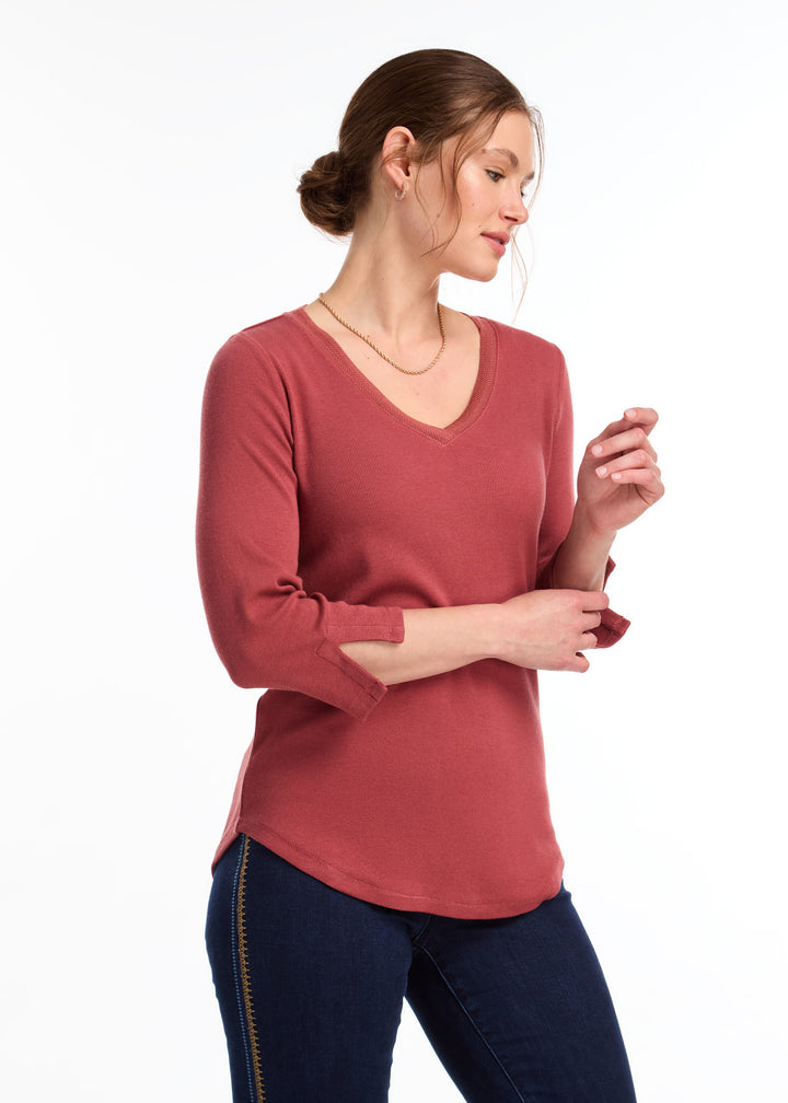 Rust Red Baby Rib V-Neck Top