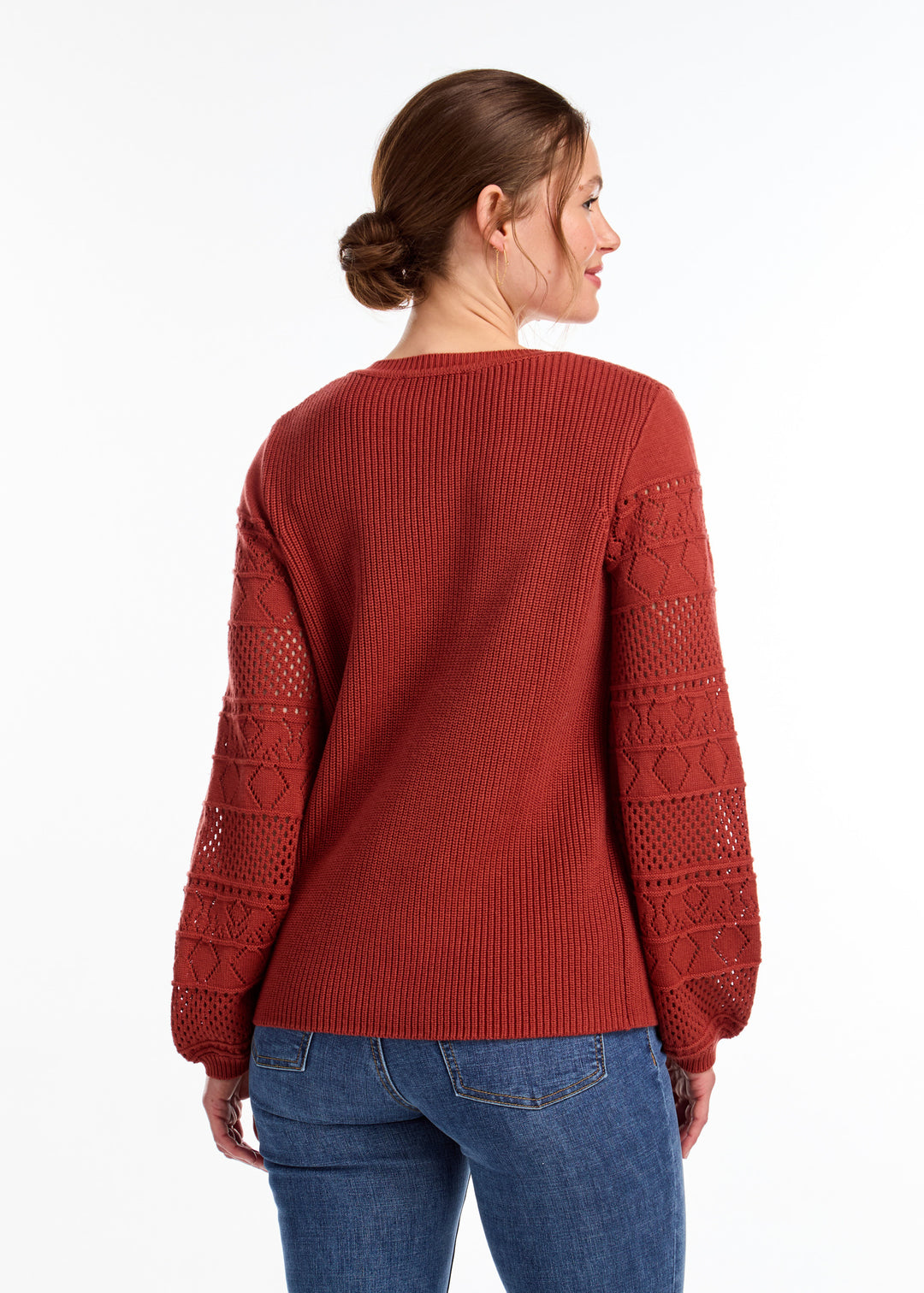 Rust Red Pointelle Sleeve Sweater