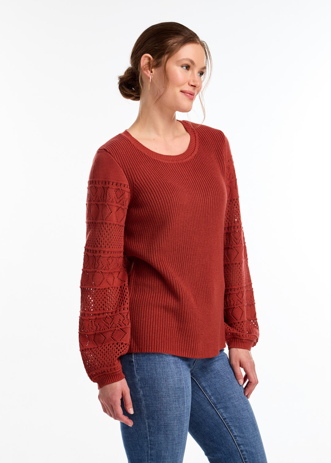 Rust Red Pointelle Sleeve Sweater