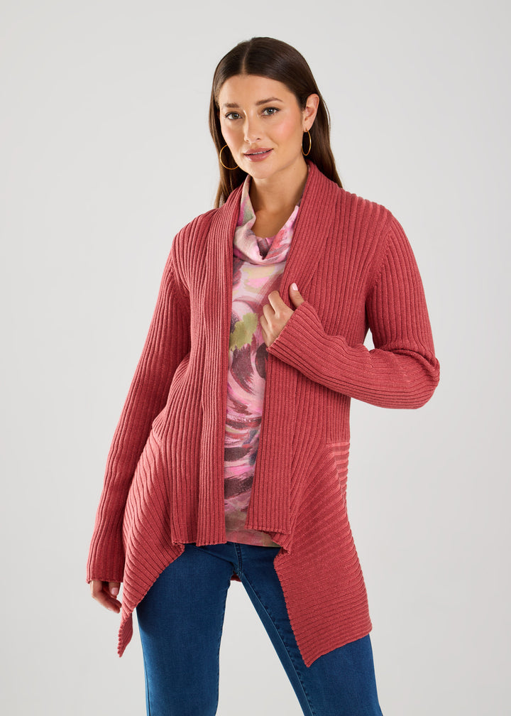 Rust Red Two Tone Rib Knit Cardigan