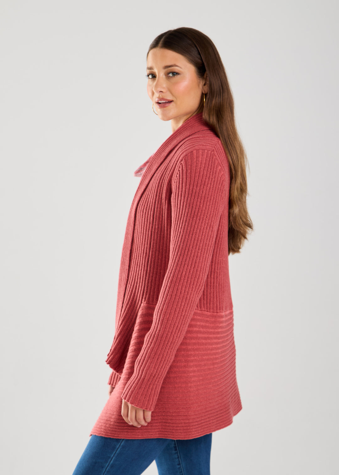 Rust Red Two Tone Rib Knit Cardigan