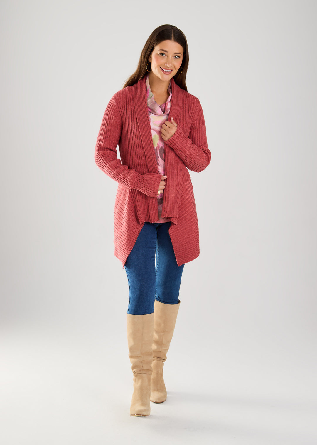 Rust Red Two Tone Rib Knit Cardigan