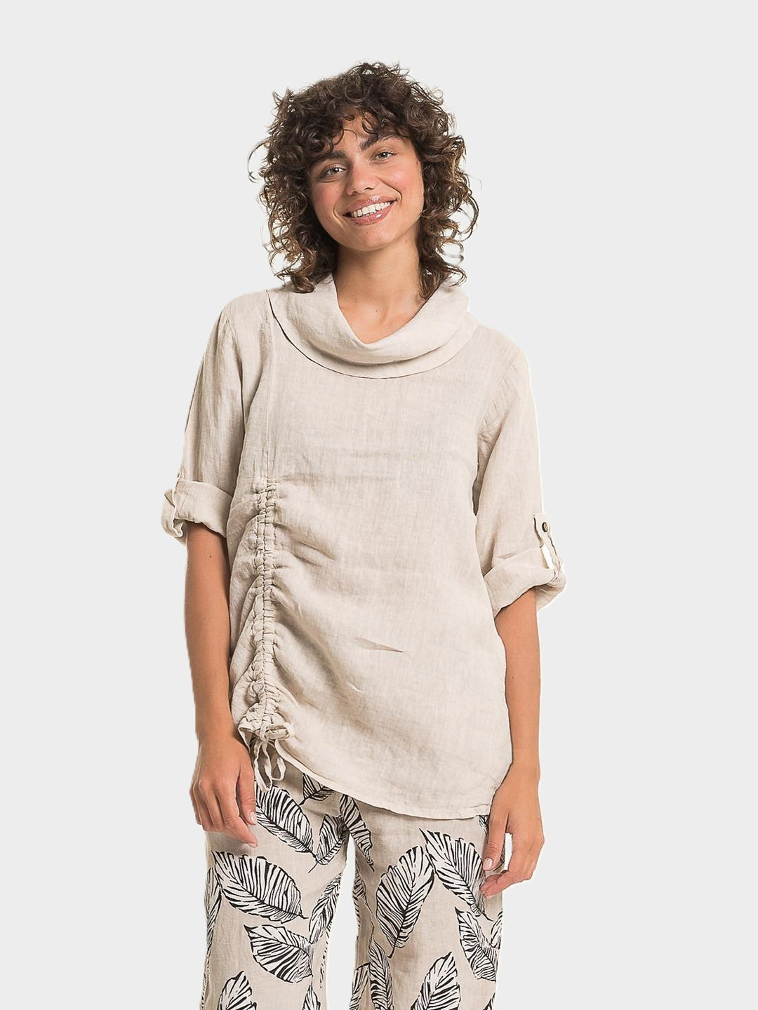 Sabia Draped Cowl Side Ruched Linen Top