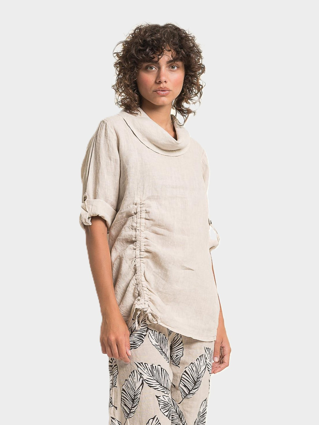 Sabia Draped Cowl Side Ruched Linen Top