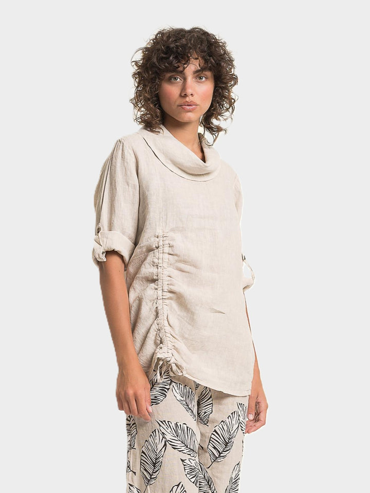 Sabia Draped Cowl Side Ruched Linen Top