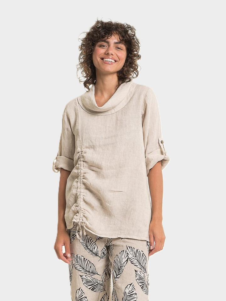 Sabia Draped Cowl Side Ruched Linen Top