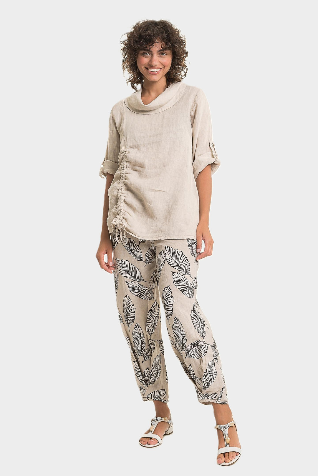 Sabia Draped Cowl Side Ruched Linen Top