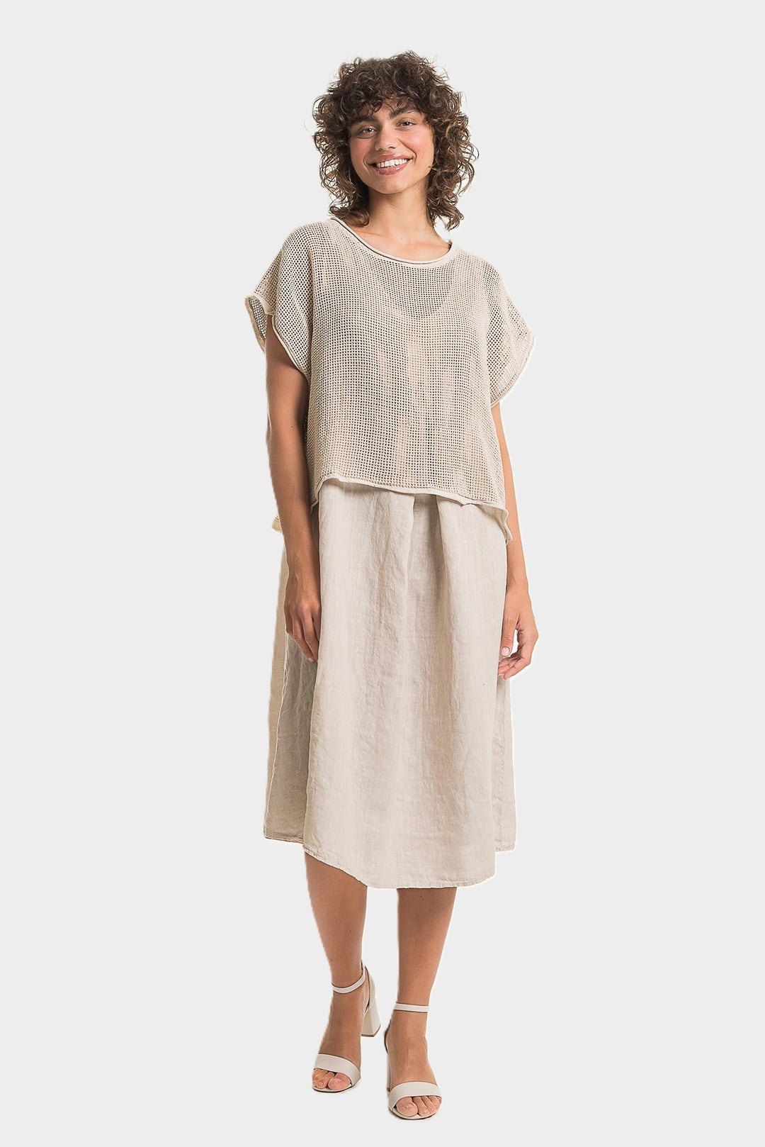 Sabia Front Pleat Linen Dress With Mesh Topper