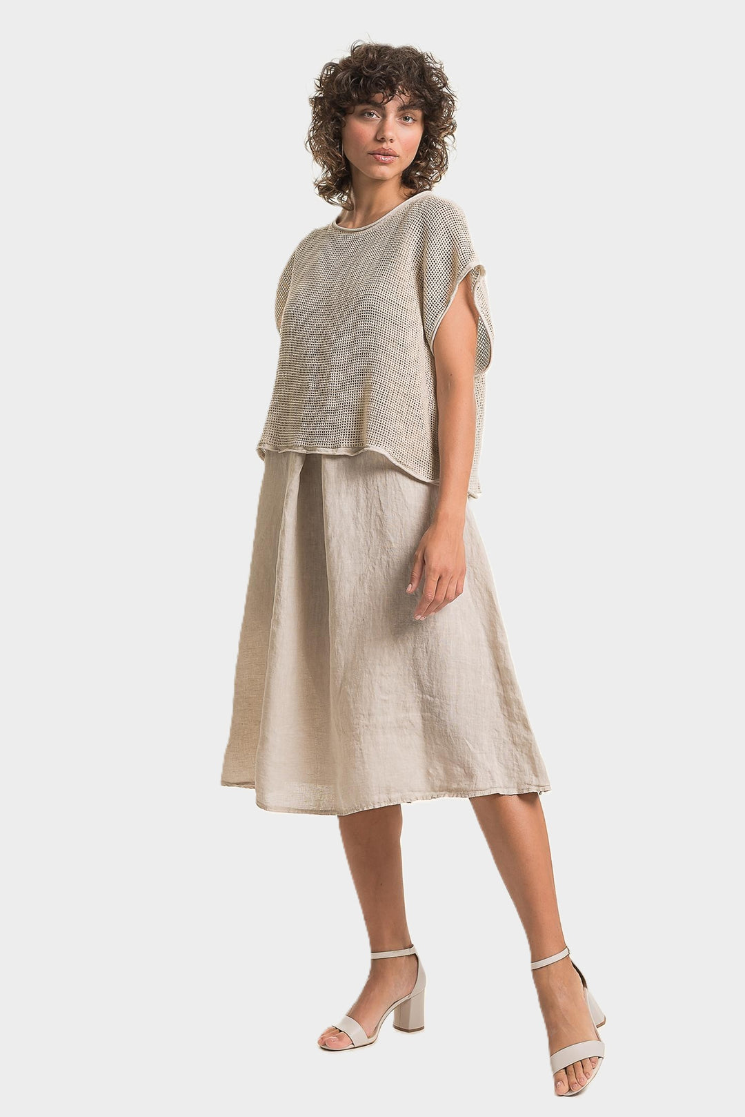 Sabia Front Pleat Linen Dress With Mesh Topper