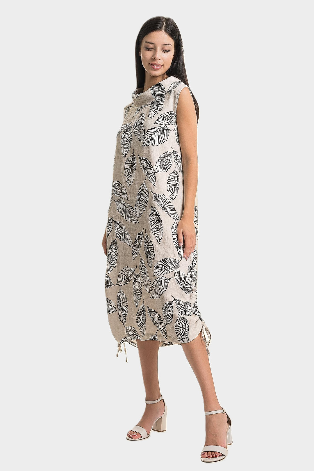 Sabia Leaf Print Draped Cowl Linen Dress