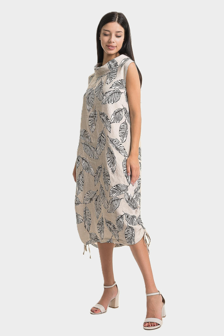 Sabia Leaf Print Draped Cowl Linen Dress