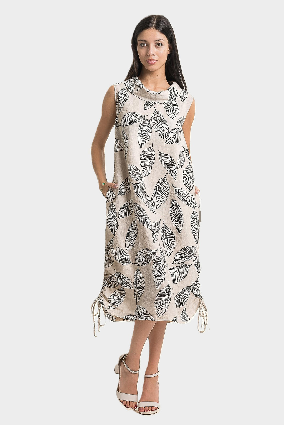 Sabia Leaf Print Draped Cowl Linen Dress