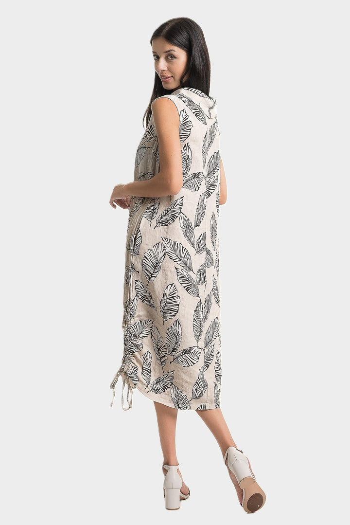 Sabia Leaf Print Draped Cowl Linen Dress