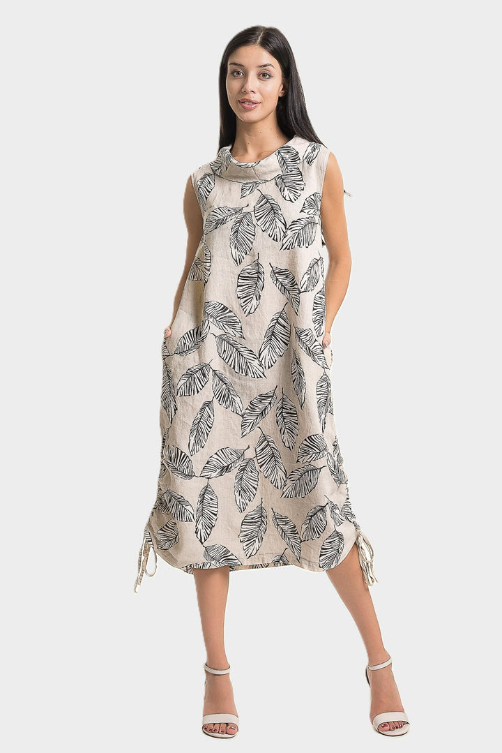 Sabia Leaf Print Draped Cowl Linen Dress