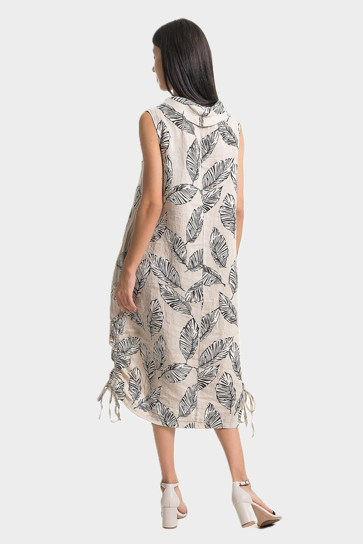 Sabia Leaf Print Draped Cowl Linen Dress