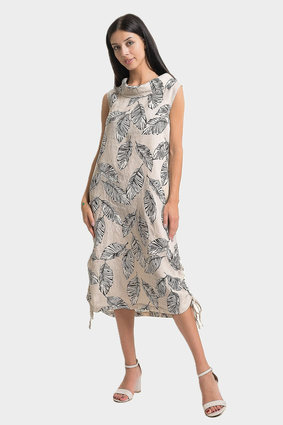 Sabia Leaf Print Draped Cowl Linen Dress | Cathy Allan Ladieswear