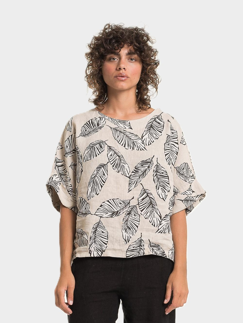 Sabia Leaf Print Round Neck Linen Top