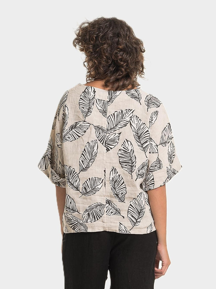 Sabia Leaf Print Round Neck Linen Top