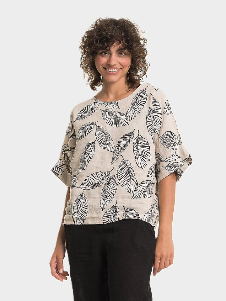Sabia Leaf Print Round Neck Linen Top