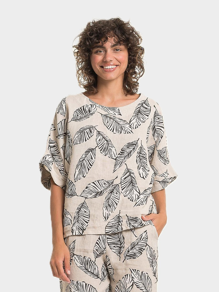 Sabia Leaf Print Round Neck Linen Top