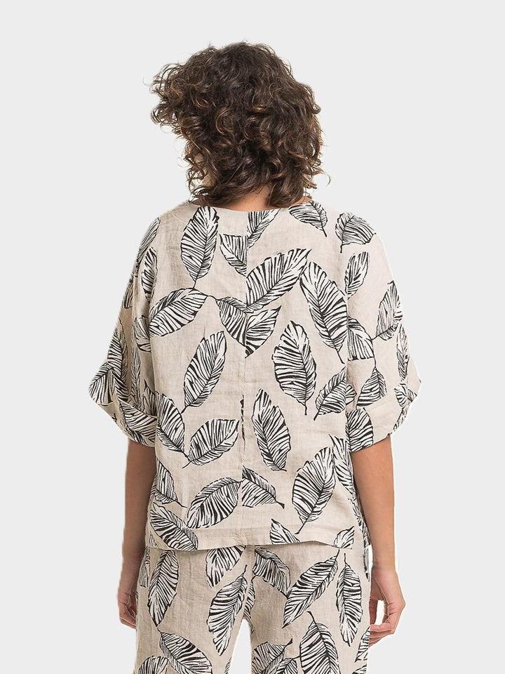 Sabia Leaf Print Round Neck Linen Top