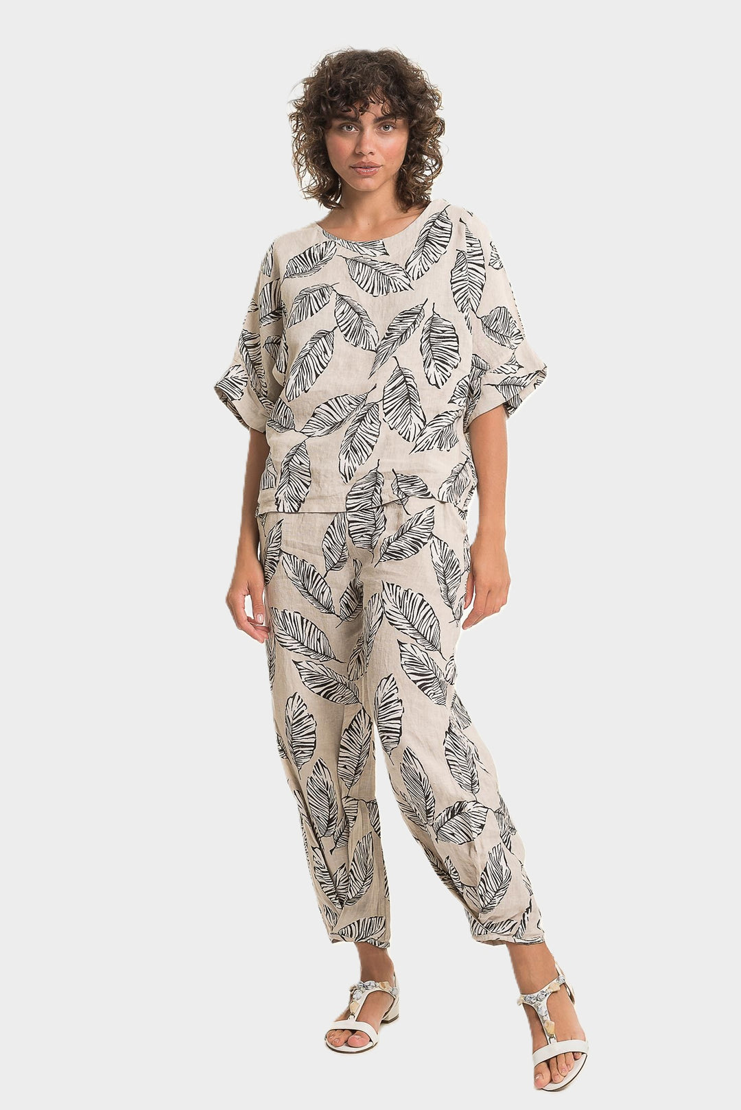 Sabia Leaf Print Round Neck Linen Top