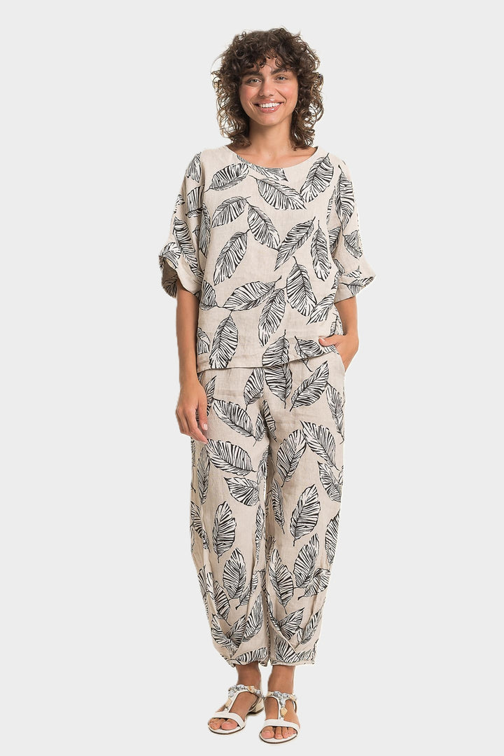 Sabia Leaf Print Twist Hem Linen Pant