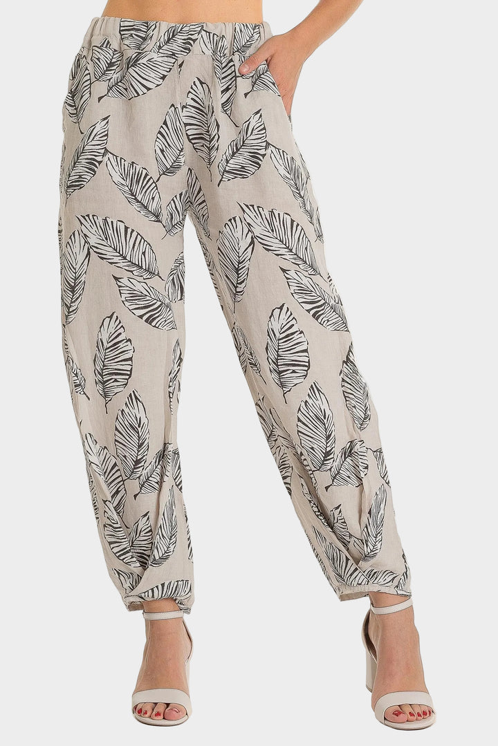 Sabia Leaf Print Twist Hem Linen Pant