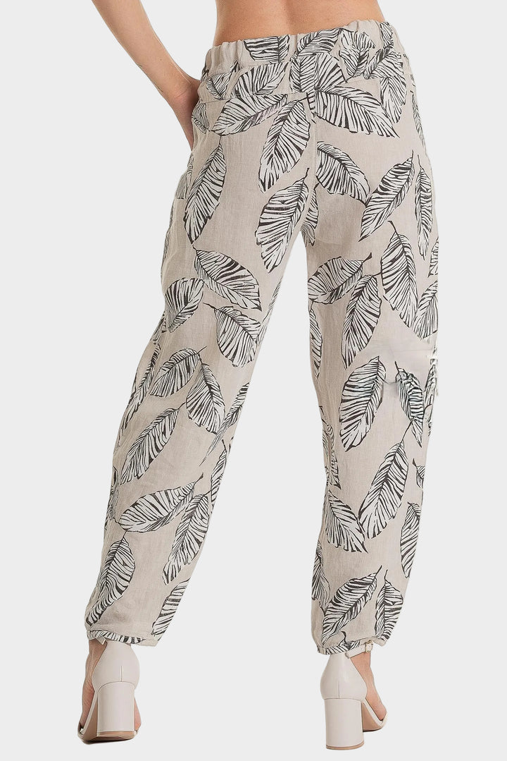 Sabia Leaf Print Twist Hem Linen Pant