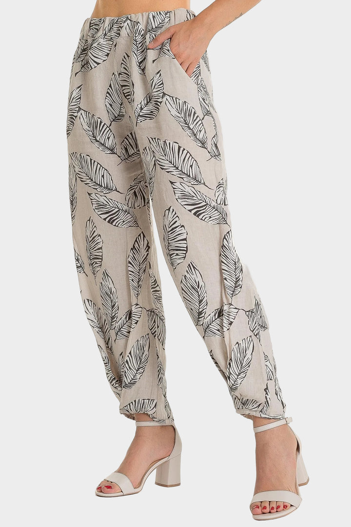 Sabia Leaf Print Twist Hem Linen Pant