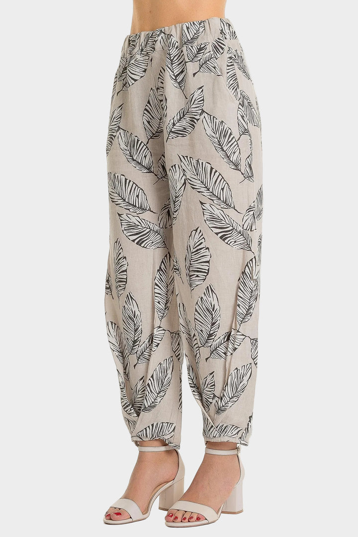 Sabia Leaf Print Twist Hem Linen Pant