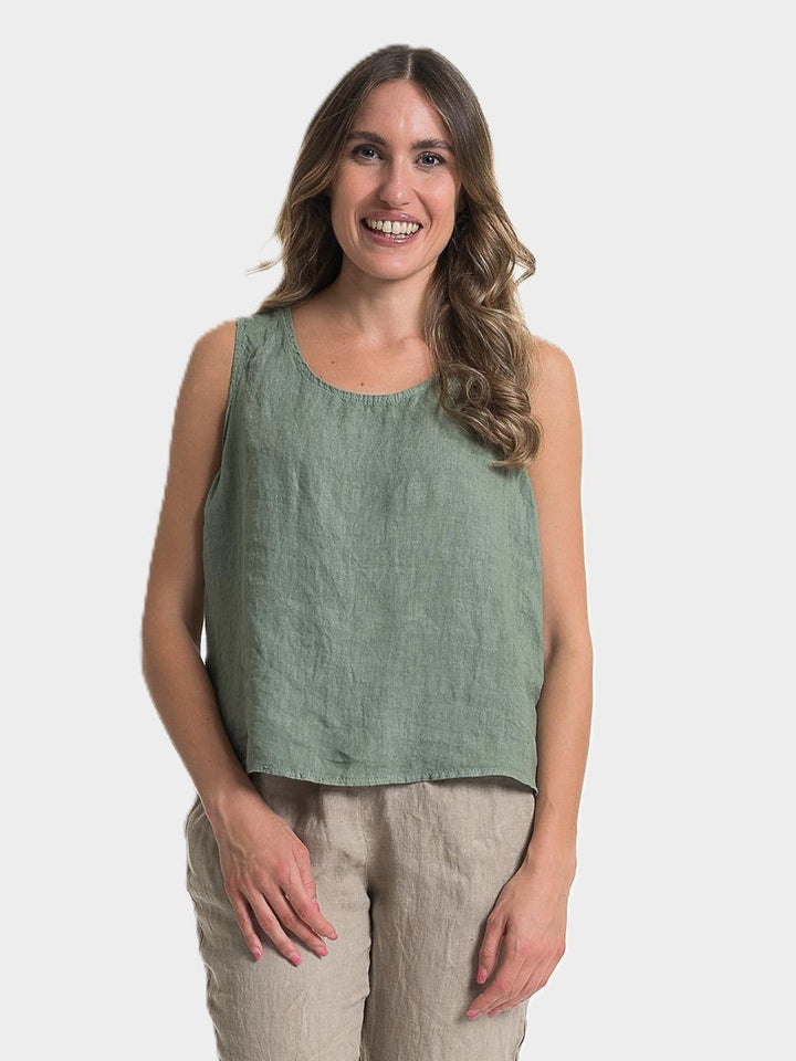Sage Back Button Linen Top