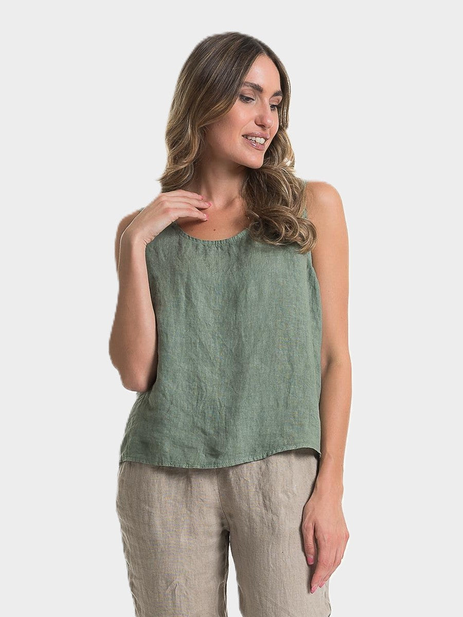 Sage Back Button Linen Top