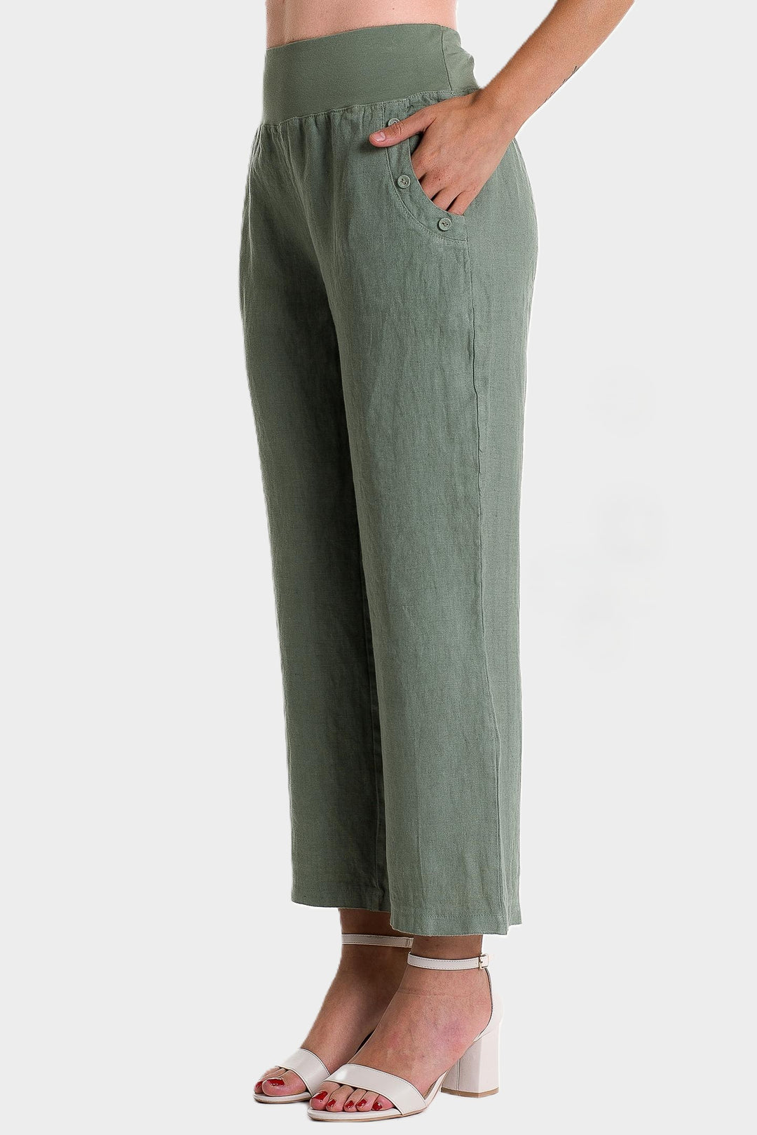 Sage Button Pocket Detail Linen Pant