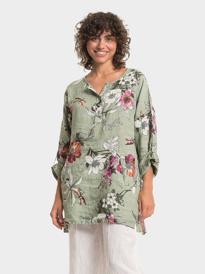 Sage Floral Print Notch Neck Linen Tunic