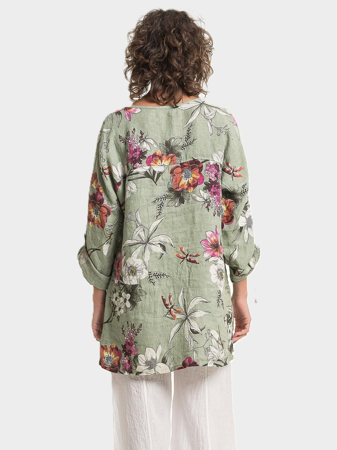 Sage Floral Print Notch Neck Linen Tunic