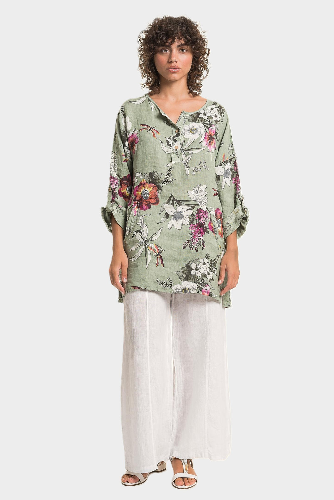 Sage Floral Print Notch Neck Linen Tunic