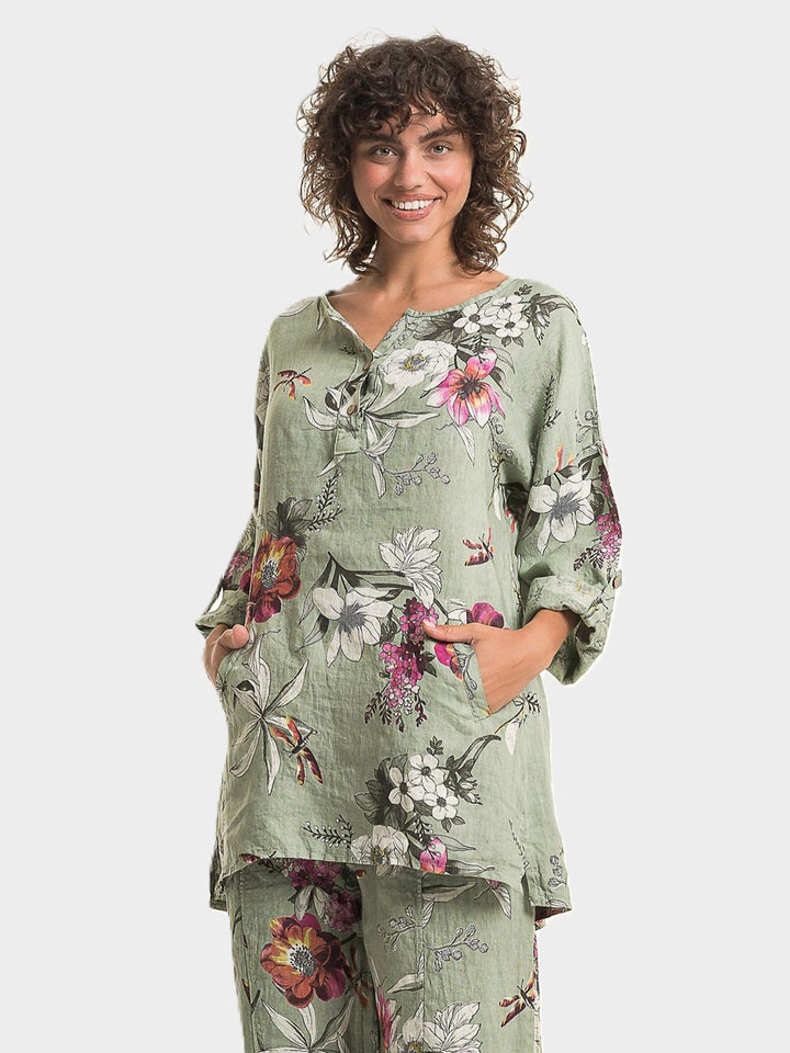 Sage Floral Print Notch Neck Linen Tunic